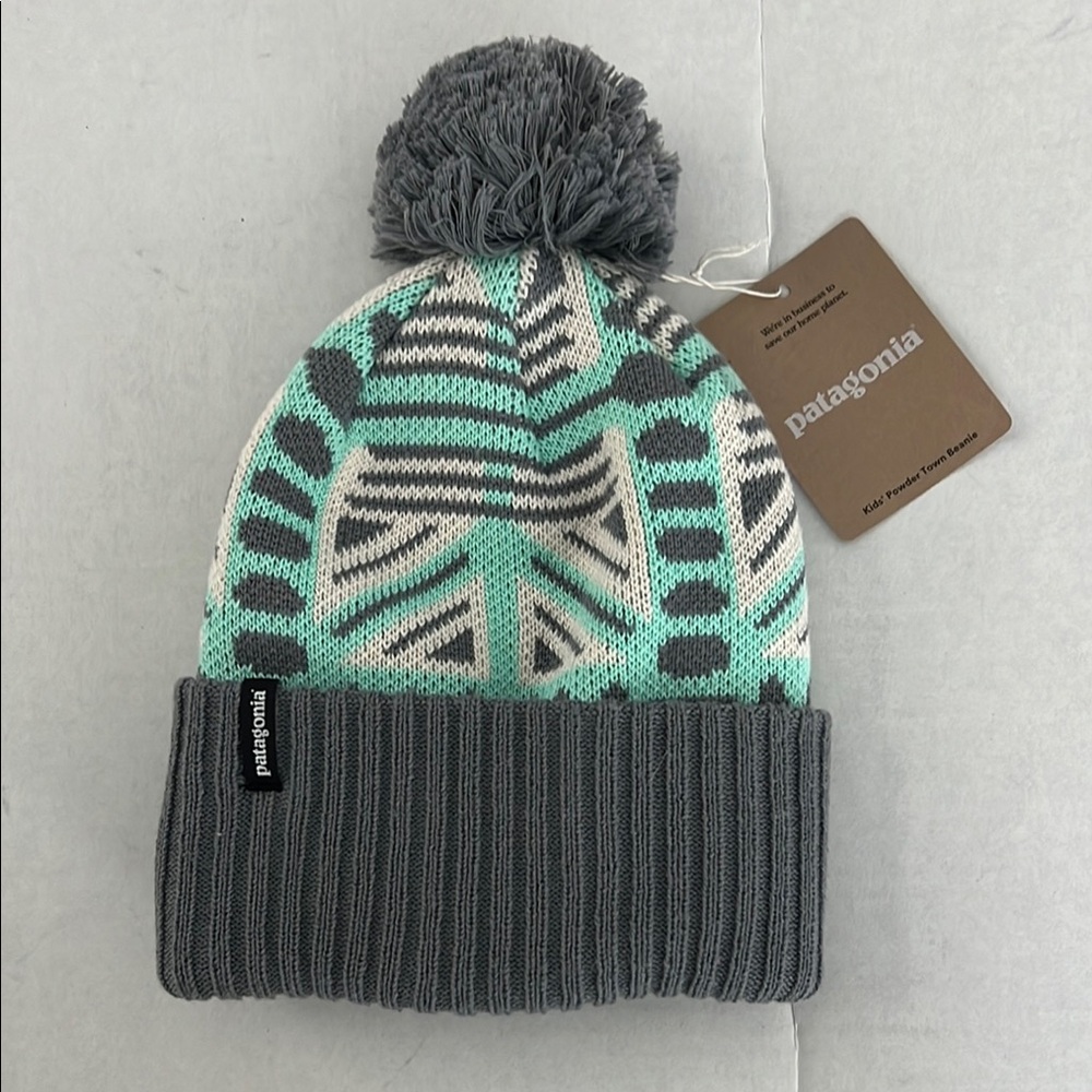 Patagonia Kids Geometric Knit Beanie - Gray and Teal. One size.